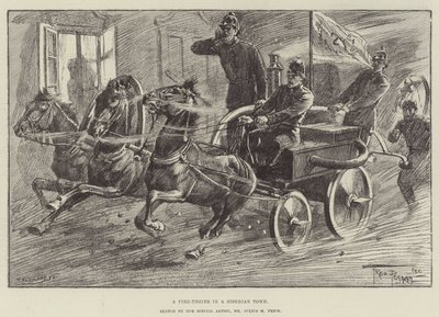 Een brandweerwagen in een Siberische stad door Frederick Pegram
